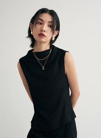 肌理感彈性無袖半高領上衣